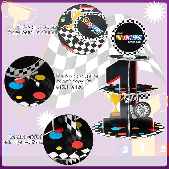 Race Car Cupcake Stand - 3 Tier If You Ain't First You're Last Party Dessert Holder for Boys Birthday Decorations Racing Car First Cardboard Cupcake Tower for Birthday Baby Shower Party Favor