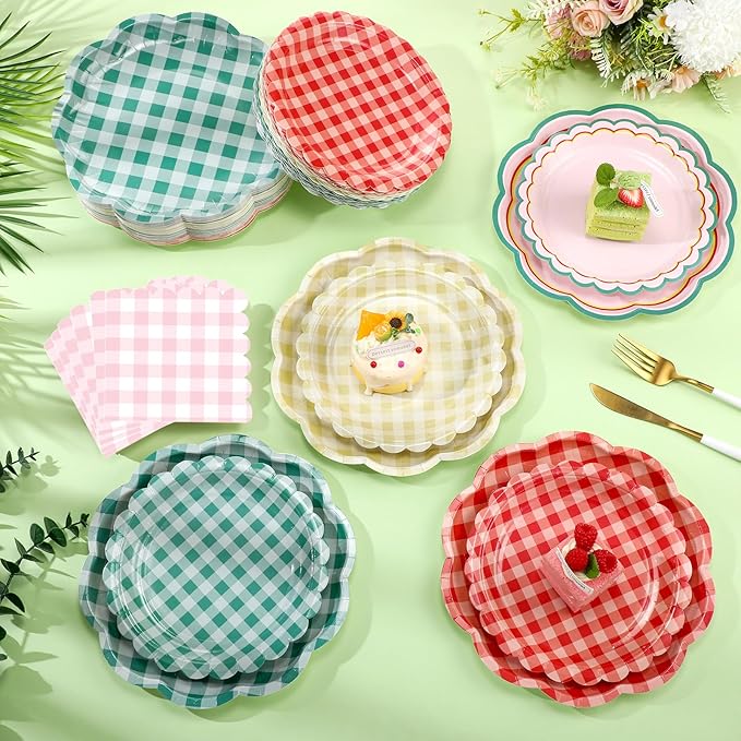 216 Pcs 72 Guests Camp Gingham Party Plates and Napkins Camping Gingham Paper Plates Napkins Checkered Plaid Disposable Tableware for Picnic BBQ Bachelorette Baby Bridal Shower Party Supplies