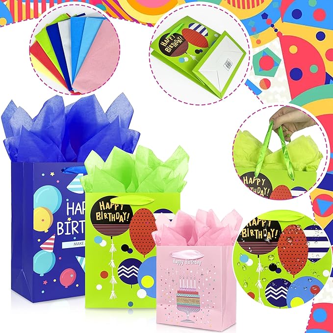 MUMULULU 10 Pack Birthday Gift Bag with Ribbon Handle and Tissue Paper Assorted Sizes and Designs 3 Size Birthday Gift Bag for Gift Wrapping Presents