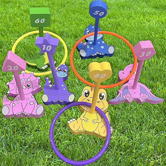 Dinosaur Ring Toss Game Set - Fun 6 Targets Stands & 12 Rings Combo, Perfect Indoor Outdoor Party Activity for Family & Friends, Ideal Birthday Present for You Frends!