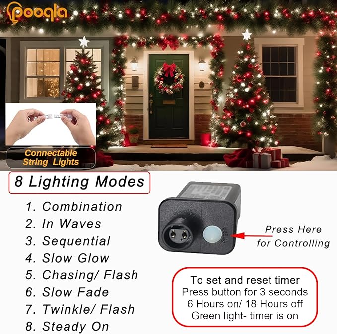 Christmas String Lights, 66 ft 200 LED Christmas Lights Plug in, Indoor Outdoor Connectable 8 Modes Clear Wire Twinkle Fairy String Lights for Xmas Tree Wedding Bedroom Party, Red and White