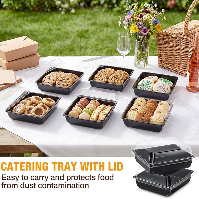 Shellwei 50 Pack Mini Catering Trays with Lid 5.5 x 5 Inch Plastic Serving Tray with Lids, Disposable Catering Boxes for Cake Slice, Cookies, Desserts, Serving Platters Containers for Travel Party