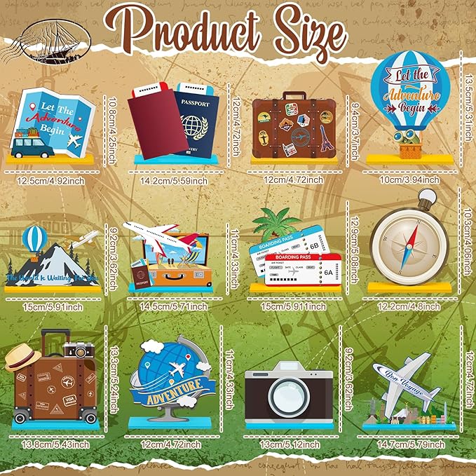 Marsui 12 Pcs Travel Themed Wooden Centerpieces Table Toppers Adventure Awaits Party Decor Travel Around The World Bon Voyage Table Decor Photo Props for Let The Adventure Begin Going Away Party