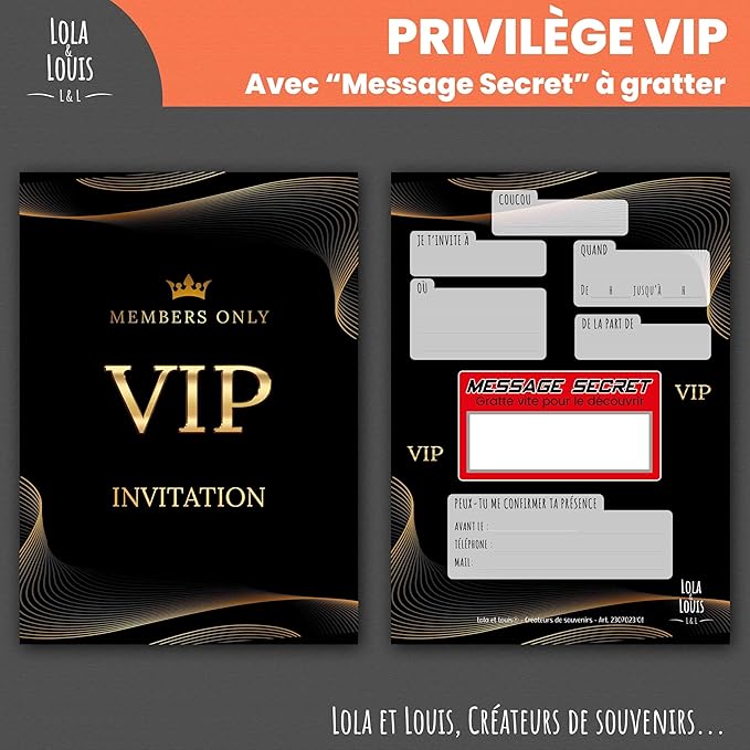 Complete Invitation Kit for 10 Guests Girls or Boys: Envelopes, Secret Message, Scrape, VIP Birthday Invitation Cards, Club Evening Decoration, Stickers Invitations Follow-up • Lola and Louis®