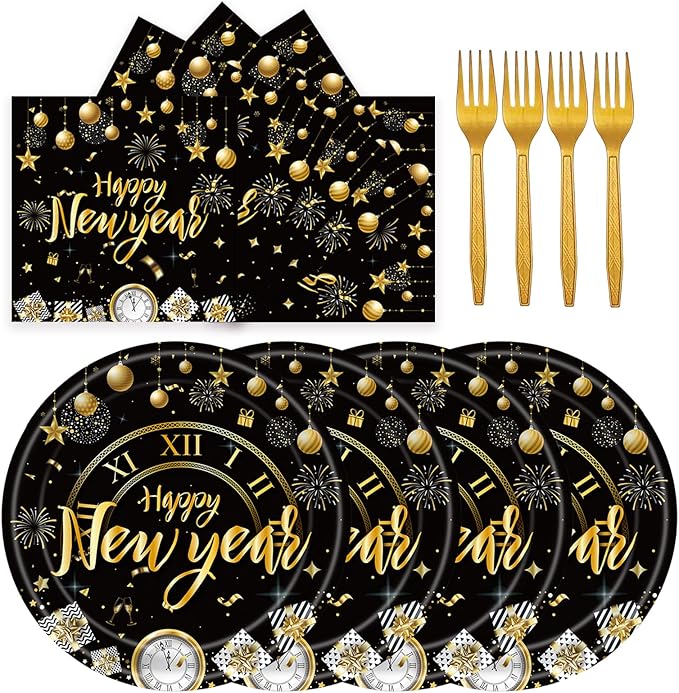 72Pcs Happy New Year Paper Plates and Napkins Black & Gold Party Plates 2026 New Year Party Supplies Tableware Set for New Year's Eve Holiday Decorations