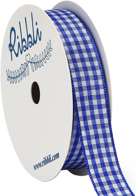 Ribbli Electric Blue and White Gingham Ribbon,100% Polyester Woven Edge,5/8 Inch x 10 Yard,Plaid Ribbon Use for Gift Wrapping,Floral Design,Hair Bows