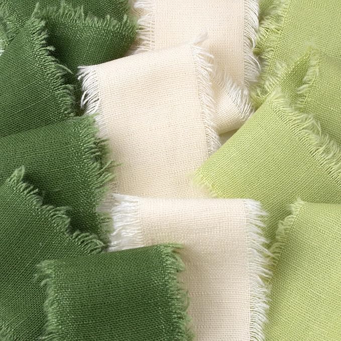 Green & Ivory Cotton Linen Ribbon 1-1/2 Inch x 21Yds Boho Vintage Rustic Ribbon Handmade Fringe Frayed Cloth Fabric Ribbon for Gift Wrapping Wedding Invitations Bridal Bouquets DIY Crafts