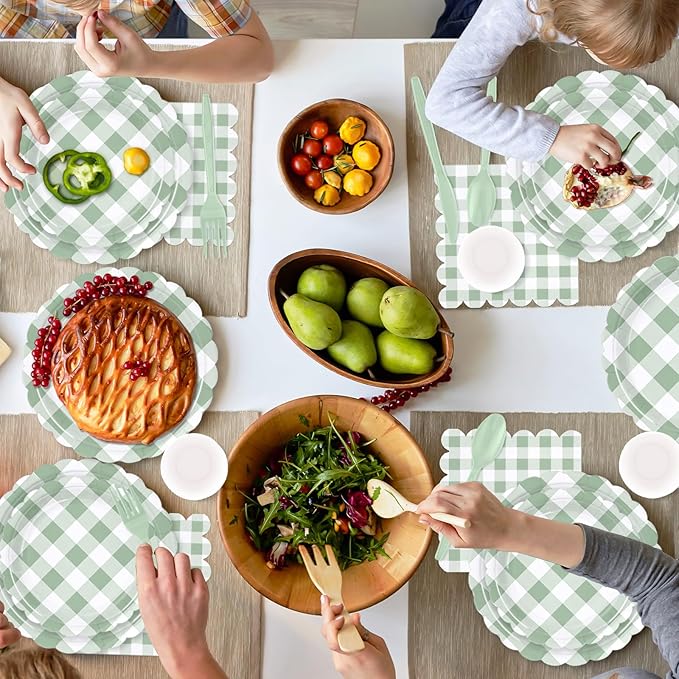 QISOLIY 350Pcs Green Gingham Party Supplies Gingham Plates and Napkins, Green and White Checkered Disposable Plates Set for Dinner Birthday Baby Shower Wedding Picnic Supplies Serve 50 Guest