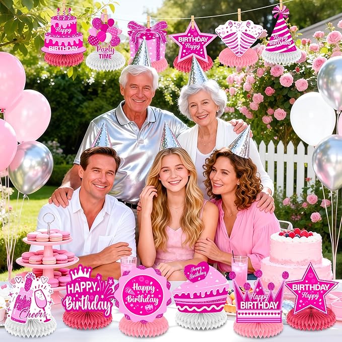 12Pcs Hot Pink Birthday Decorations Honeycomb Centerpieces for Women Girls, Hot Pink Happy Birthday Table Centerpieces for Kids Teens Adults Birthday Party Table Topper Sign Decor Supplies