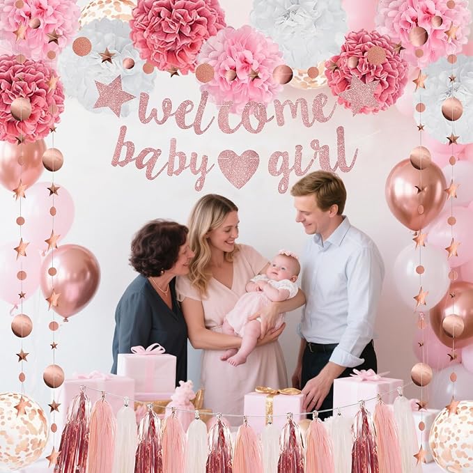 Pink Rose Gold Girl Baby Shower Decorations Welcome Baby Girl Banner, Pom Poms Flowers Tassels, Circle Dots Star Garland, Gender Reveal Birthday Party Supplies