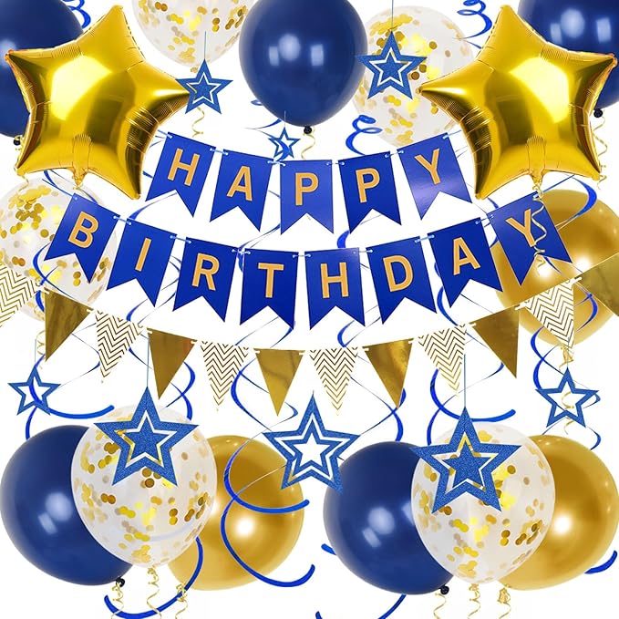 Navy Blue Gold Birthday Decorations, Happy Birthday Banner and Gold Star Balloons, Glitter Hanging Stars with Hanging Swirls, Bunting Banner, for Women Men Boys Party Decoration