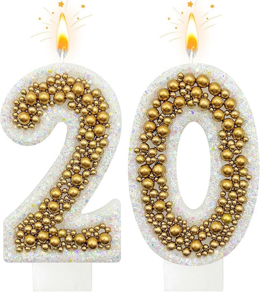 20 Birthday Number Candle for Cake, Glitter Number Candle with Gold Beads, Decorative Cake Topper for Milestone Celebrations
