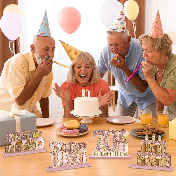 4 Pieces 70th Birthday Decorations Wooden Vintage 1956 Table Centerpieces for Women, Pink Rose Gold Cheers to 70 Years Table Sign Party Supplies, Hello 70 Years Old Bday Table Decor