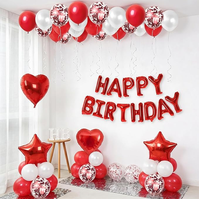 Red Birthday Decorations for Girls,Red and White Balloons Happy Birthdays Banner Balloon Heart and Star Foil Balloons for Women Girls Birthday Baby Shower Party Decorations