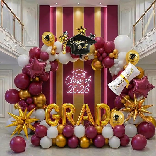 Maroon gold white Graduation Balloon Garland Arch Kit 115PCS with Graduation Star print Certificate Letter Mylar Foil Balloons for Graduate Class of 2026 Grad Prom party Decorations Supplies