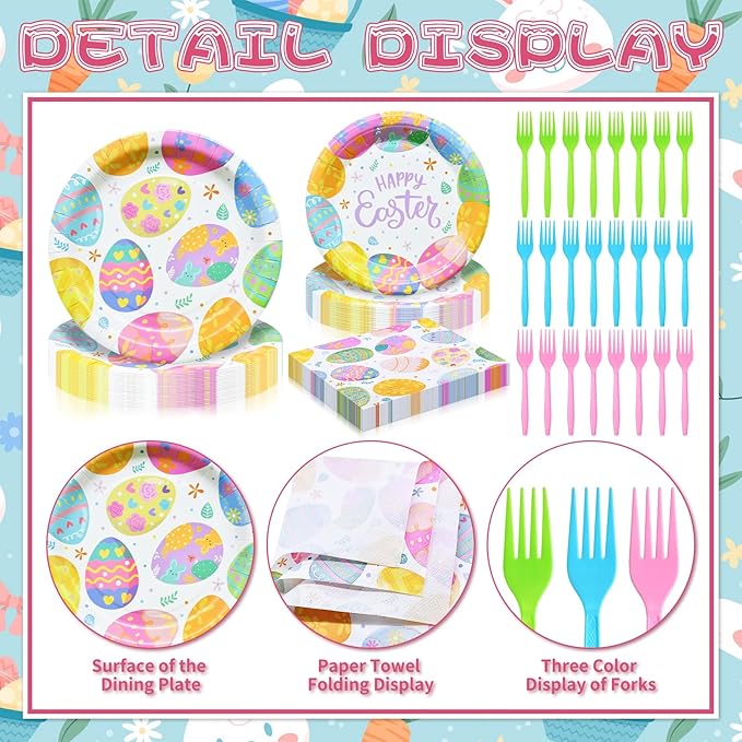96 Pieces Easter Tableware Set Party Supplies - Happy Easter Colorful Eggs Pattern Disposable Paper Plates, Napkins, Forks Dinnerware for Spring Celebrations, Picnics, Serves 24 Guests