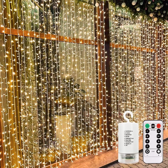 echosari 300 LED Curtain Lights Battery Operated, 9.8ft×9.8ft Hanging Light with Remote Timer Fairy Curtain Lights for Bedroom Patio Wedding Backdrop Party Decór (Warm White)