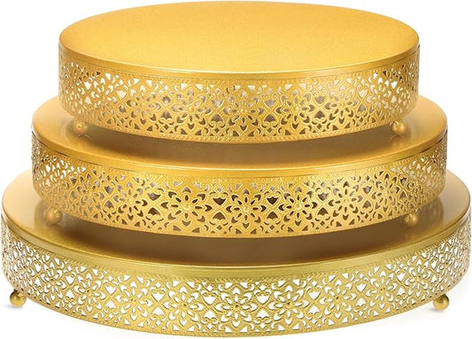 Wenqik 3 Pcs Cake Stand 16'' 14'' 12'' Round Metal Cake Stand Bases Display Holder Cookies Fruit Serving Tray Candy Display Plate Cupcake Dessert Pastry Riser for Wedding Birthday Party(Gold)