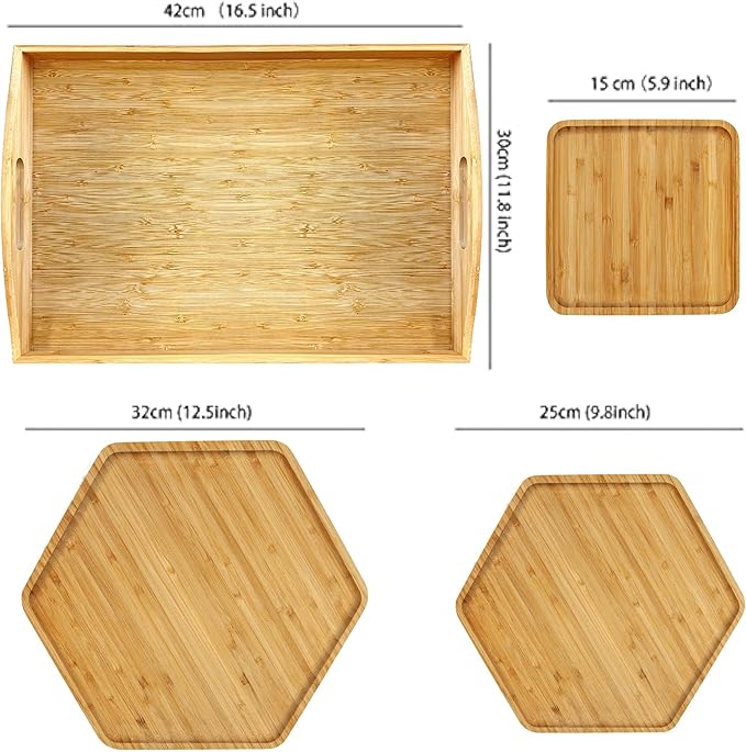 Bamboo Serving Trays Dinner Plates Cheese Board 16.5"x11.8"（42x30cm with Handle, Set Includes 1xHexagon 12.5"(32cm)+1xHexagon 9.8"(25cm)+1xSquare 5.9"(15cm) Plates for Family Dinner