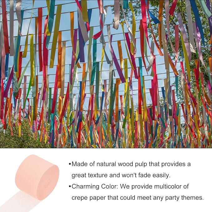 Crepe Paper Roll, Peach Pink Crepe Paper Streamers Sheets, [for Party Streamer Decorations, Birthday Party] - 1.8 Inch x 82 ft / 2 Roll