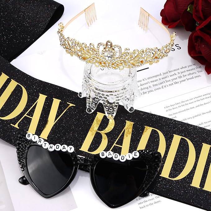 KICOSY 3PCS Birthday Baddie Sash, Crystal Crown and Sunglasses Funny Baddie Outfits Birthday Party Accessories
