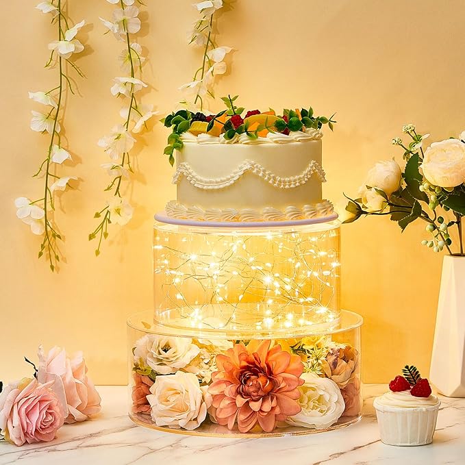 Sintuff 3 Pcs Acrylic Cake Stand with LED Lights 6.7‘’, 8.6‘’, 10.6‘’ Clear Fillable Cake Riser Round 3 Tier Case Box for Wedding Birthday Holiday Food Display, 3 Sizes