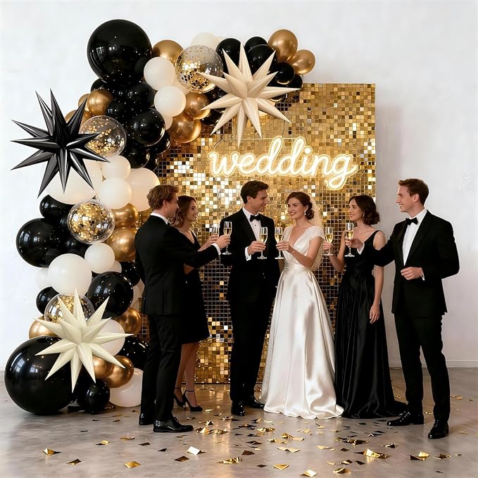 Black White Gold Balloons Arch Kit,Black Beige Sand White Chrome Gold Confetti Balloons Garland Kit with Exploding Star Balloons for New Year Graduation Retirement Birthday Wedding Party Decorations