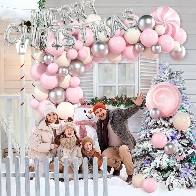 Christmas Balloon Garland Arch Kit 115pcs Pink Silver White Balloon Garland with Candy Windmill Merry Christmas Balloons for Xmas Party Decorations