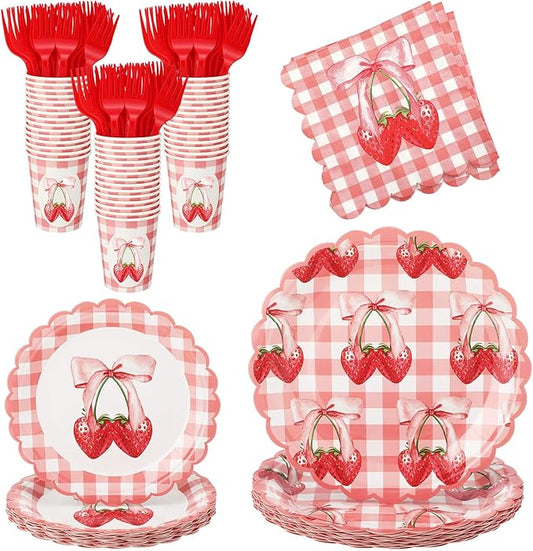 Havawish 120 Pcs Birthday Party Tableware Set - Disposable Dinner Plates, Dessert Plates, Napkins & Forks for 24 Guests Birthday, Baby Shower, Bachelorette Party Supplies(Bow Strawberry)