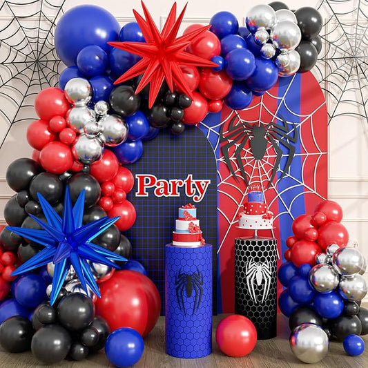 Spider Balloon Arch Garland Kit - 151Pcs Spider Theme Birthday Decorations Royal Blue Black Red Silver Spider Arch Kit for Man Baby Shower Super Spider Hero Theme Boys Kids Party Decorations