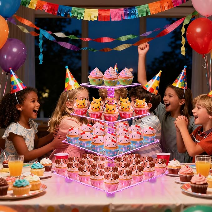 YestBuy Acrylic Cupcake Stand for 50 Cupcakes, 4 Tier Cupcakes Tower Stand with Pink LED Lights and 4.7" Clear Tiers, Perfect for Birthday, Baby Shower, Wedding and Candy Bar