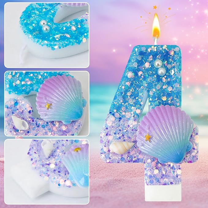 Blue and Purple Birthday Candles, 4th Birthday Cake Decoration, Cupcake Candles，Suitable for Mermaid Theme Party Cake Decoration (4)