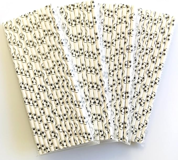 100 pcs Sports Party Paper Straws, Black White Soccer Football Bar Soda Juice Drinking Straws, Kids Teen Boy Birthday Baby Shower Game Day Restaurant World Cup Cake Pop Sticks (White With Soccer)
