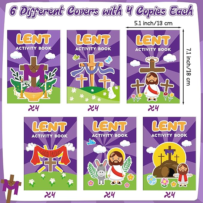 Easter Lent Activity Books for Kids - 24Pcs Christian Lent Mini DIY Games Coloring Book Set Bulk Mazes Word Search Word Scramble Games for Sunday School Classroom Easter Spring Holiday Party Favors