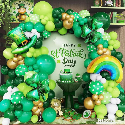 St. Patrick's Day Balloon Garland Arch Kit,Green Gold White Balloons Lucky Shamrock Clover Rainbow Hat Foil Balloons for Happy St. Patrick's Day Decorations Irish Festival Birthday Party Supplies