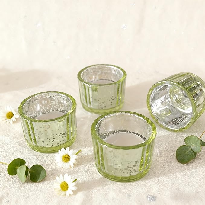 Round Clear Votive Candle Holders Set of 12, Purple Wedding Centerpiece Table Decorations, Mercury Glass Tealight Candle Holder for Bridal Shower, Baby Shower & Home Decor (Green)