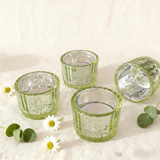 Round Clear Votive Candle Holders Set of 12, Purple Wedding Centerpiece Table Decorations, Mercury Glass Tealight Candle Holder for Bridal Shower, Baby Shower & Home Decor (Green)
