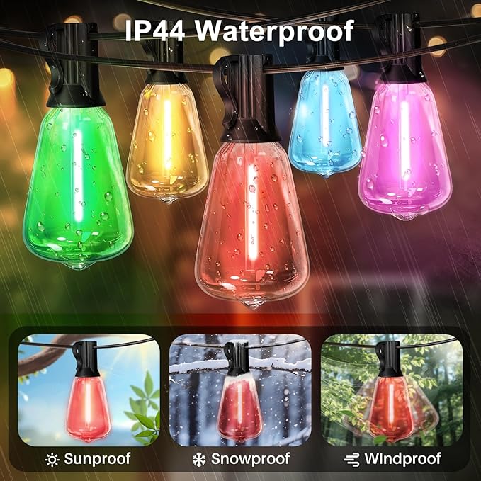 LAMPHOME 26FT Outdoor String Lights, ST38 LED Edison Patio Lights with 12+1 Multicolor Bulbs, Connectable & Dimmable Hanging Lights for Easter, Backyard, Porch & Outside Decor