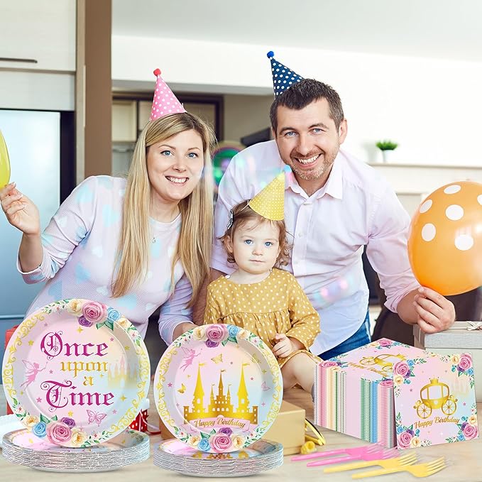 96PCS Princess 1st Birthday Party Supplies Once upon a Time Fairytale Castle Plates and Napkins Pink Princess Party Decors for Girls Pink 1st Onederland Birthday Baby Dinnerware Serves 24 Guests