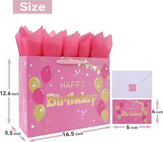 Qirrmiy 16.5" Extra Large Pink Happy Birthday Gift Bag Set with Handles, Greeting Card, Tissue Papers and Stickers for Women Girls, Balloons Design, 1 Pcs