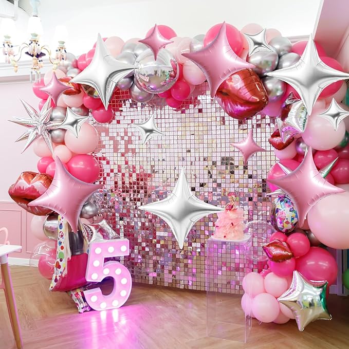 TONIFUL 30Pcs 26In&10In Star Balloons Pink and Silver Four Pointed Star Shape Foil Balloons Mini Star Mylar Balloons for Birthday Wedding Baby Shower Anniversary Engagement Party Decor Supplies