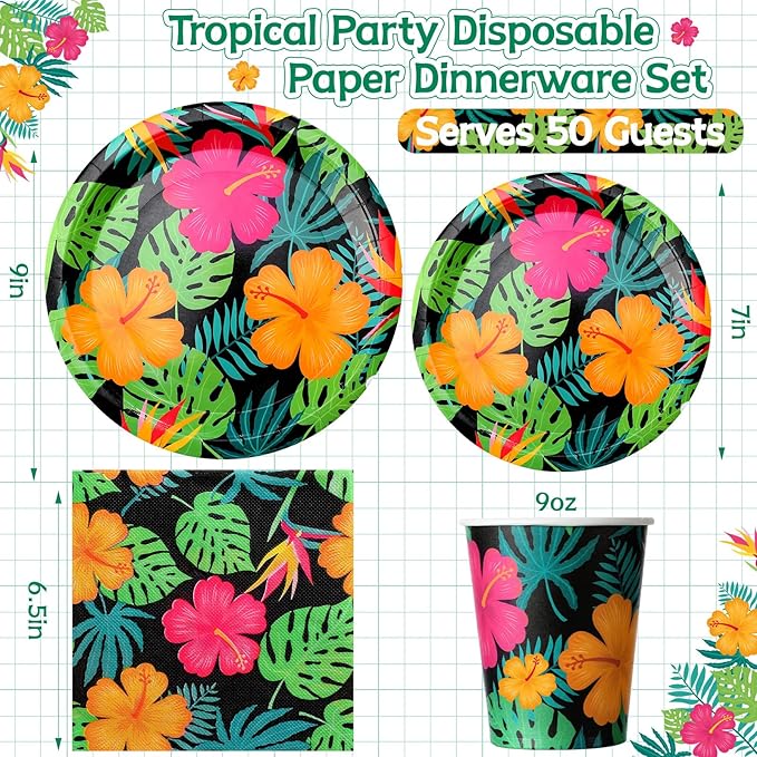 Jingmore 200 Pcs Tropical Nights Hawaiian Aloha Party Supplies Serve 50 Guests Luau Paper Plates Cups Napkins for Summer Beach Tableware Pool Party