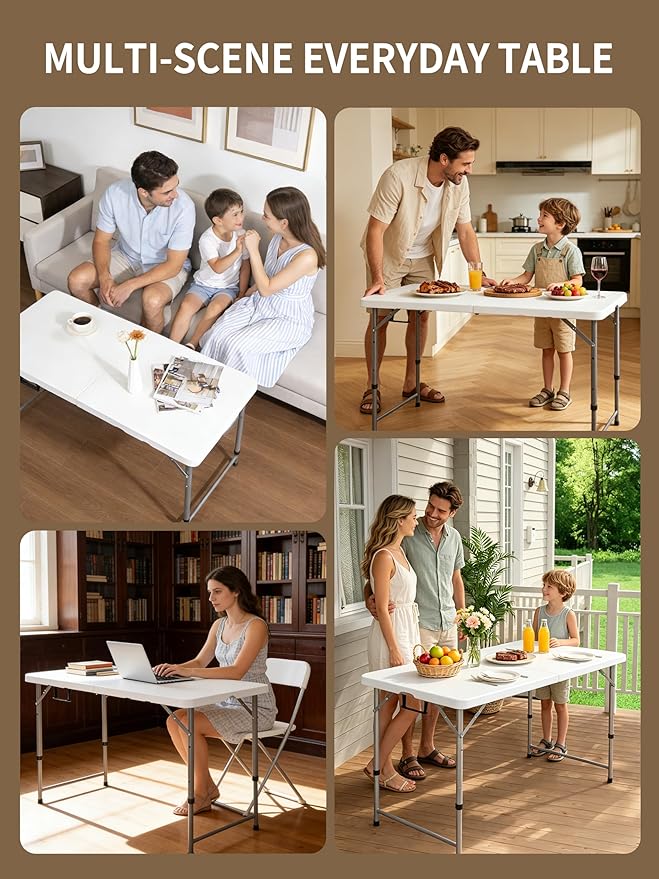 Folding Camping Table 4 Foot Adjustable Height 350lbs, 4FT Folding Picnic Card Table for Outdoor, Plastic Rectangular Dining Work Tables for Indoor, Heavy Duty Fold-in-Half Tray Tables