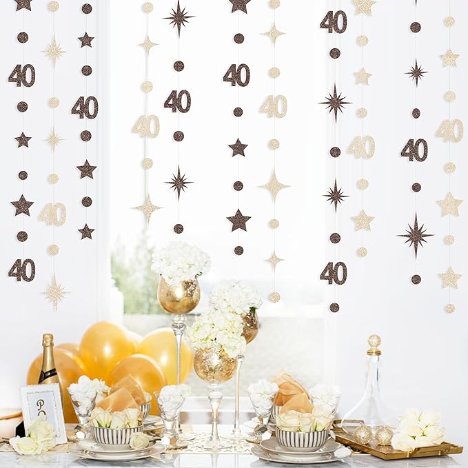 Champagne Gold Brown 40th Birthday Decorations Number 40 Circle Dot Star Garland Streamer Banner Backdrop for Women Men Forty Fabulous Cheers to 40 Years Old Birthday 40th Anniversary Party Supplies