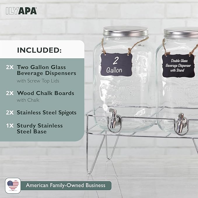 Ilyapa 2 Gallon Drink Dispenser, 2 Pack with Metal Base, Stainless Steel Spigot - Drink Dispensers for Parties, Beverages Such As Lemonade, Tea, Water