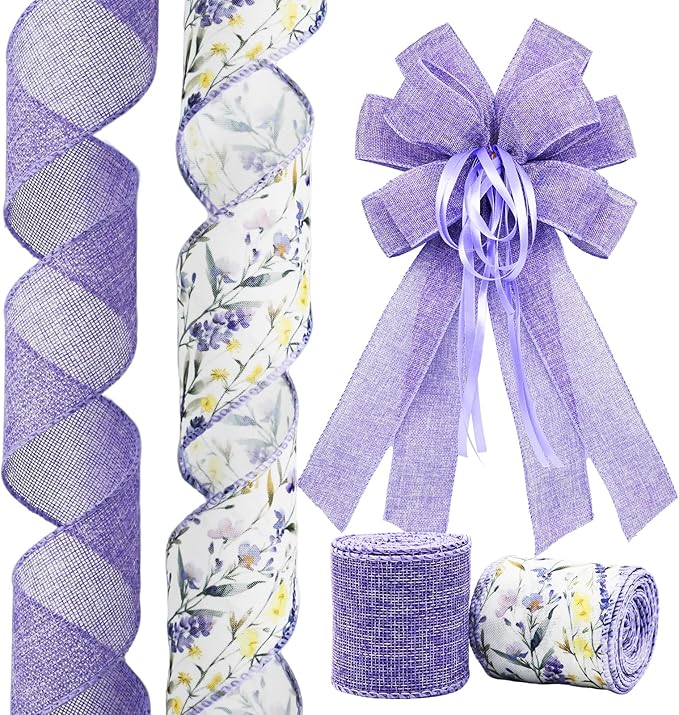 Lavender Floral Wired Ribbon Set, 2 Rolls 2.5 Inch Wide, 10 Yards Total, Rustic Lavender Burlap Ribbon for Wedding Decor, Baby Shower, Wreaths, Spring Summer Home Decor, Mother's Day Decor