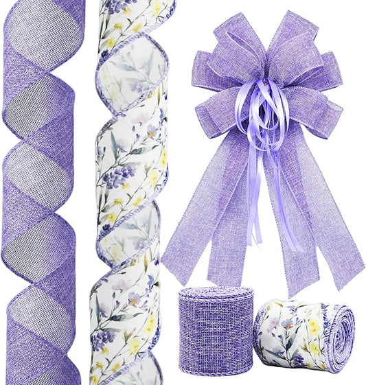 Lavender Floral Wired Ribbon Set, 2 Rolls 2.5 Inch Wide, 10 Yards Total, Rustic Lavender Burlap Ribbon for Wedding Decor, Baby Shower, Wreaths, Spring Summer Home Decor, Mother's Day Decor