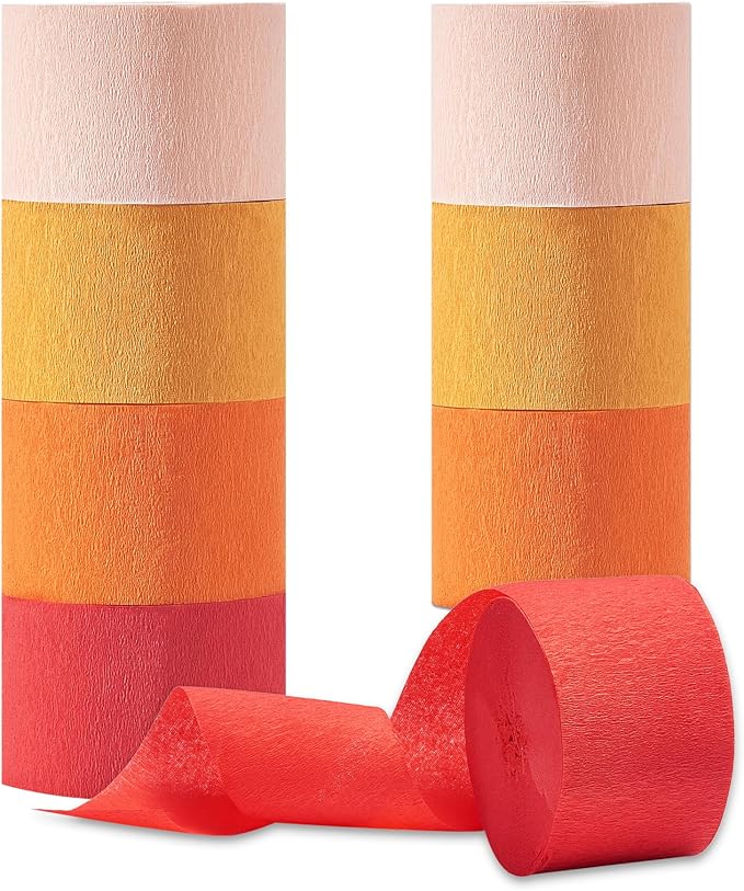 Orange Streamers Kit, 8 Rolls 656 Ft Party Streamers, Red Orange Yellow Pink Crepe Paper Streamers for Thanksgiving Birthday Anniversary Fire Color Decorations Fall Decoration Supplies