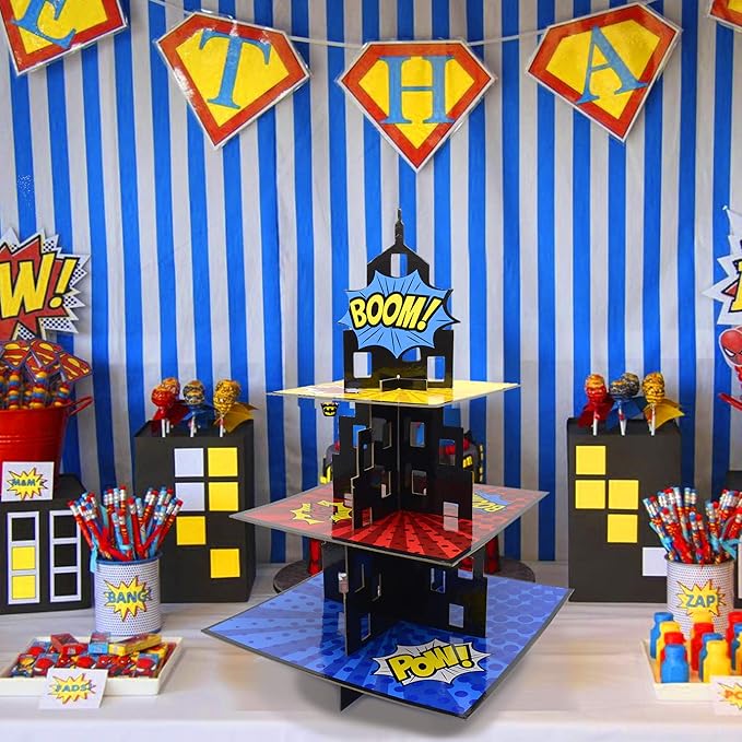 KALEFO Superhero Party Supplies Cake Stand 3 Tier Cupcake Stand Super Hero Parties Favors Mini Cup Cake Holder for Birthday Decorations (Superhero)
