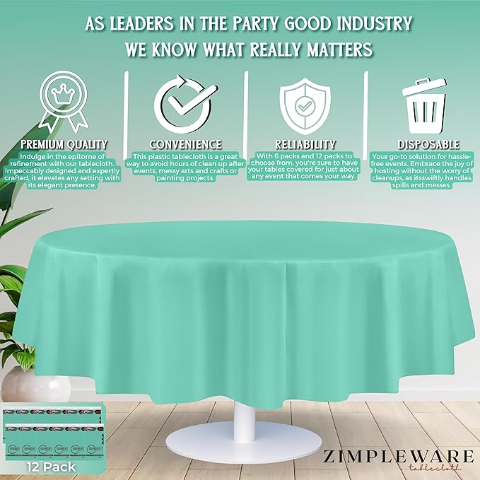 ZIMPLEWARE Premium Aqua Plastic Table Cloth Disposable (12 Pack) Round Tablecloth (84in) Party Table Cloths Disposable, Perfect Table Cloth Round Cover for Any Table Up to 6 Feet